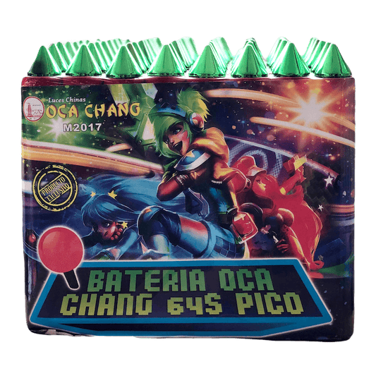 🎇 Bateria OCA CHANG 64s Pico | OCA CHANG Esta batería exclusiva de Oca Chang tiene de 64 tiros Pico, Una excelente compra si te gustan los shows de luces con muchas luces y efectos.
