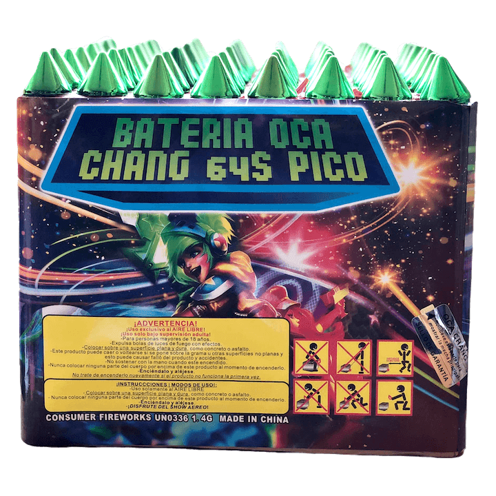 🎇 Bateria OCA CHANG 64s Pico | OCA CHANG Esta batería exclusiva de Oca Chang tiene de 64 tiros Pico, Una excelente compra si te gustan los shows de luces con muchas luces y efectos.